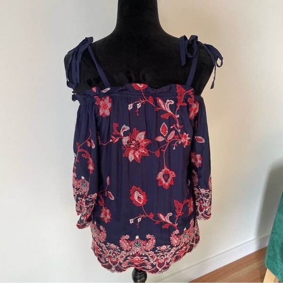 Parker Blue Multi Cotton Floral Paisley Embroidered Tie Strap Jillian Blouse EUC - Picture 3 of 9